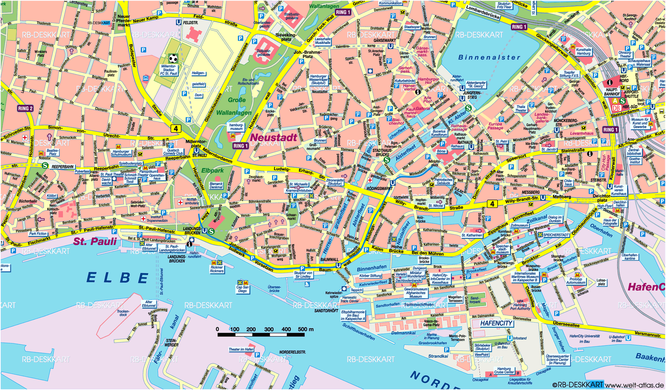 Detailed city map of Hamburg, street map