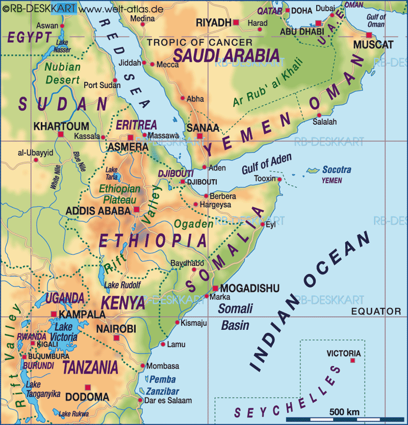World Atlas - Map of Horn of Africa. road map, earth map, Saudi Arabia Yemen 