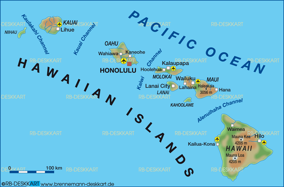 World Atlas - Map of Hawaiian Islands. road map, earth map, 