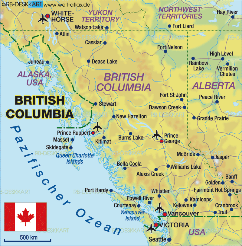 World Atlas - Map of British Columbia. road map, earth map, Queen Charlotte 