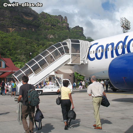 gerade gelandet, Flughafen Mahé, Seychellen