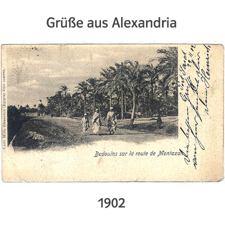 alte Postkarte aus Alexandria, 1902 aus dem Hafen Port Saidgeschickt (Bedouins sur la route de Montazah - Beduinen auf dem Weg nach Montazah)