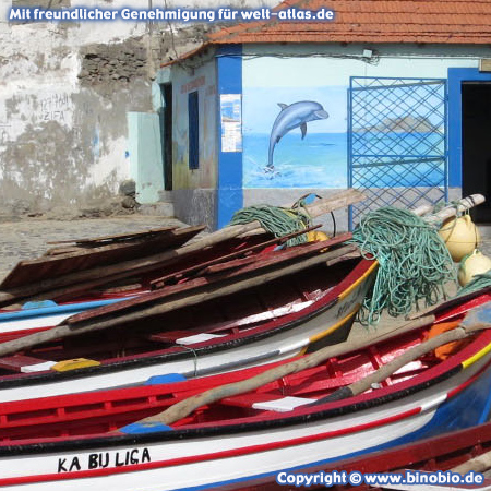 Colourful fishing boats on the beach of Tarrafal, Santiago