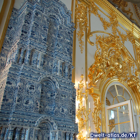 Beautiful tiled stove in the Catherine Palace in Pushkin near St. Petersburg 