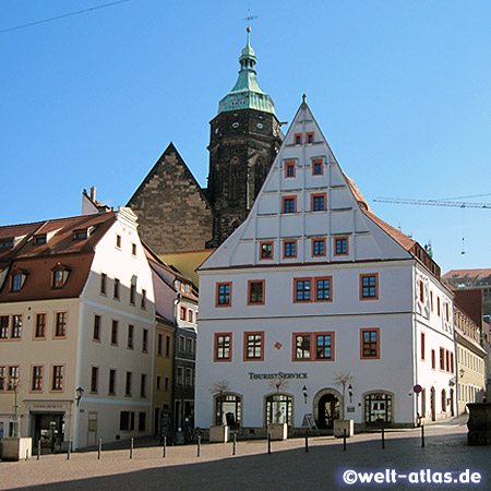 Market square of Pirna with St. Mary church and Canaletto House