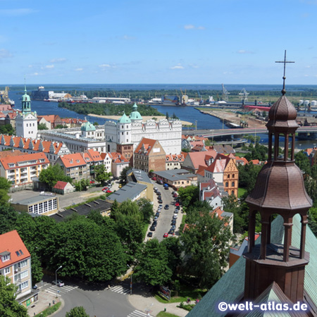 View from the tower of the Cathedral of St. James to the Castle of the Pomeranian Dukes and the Oder