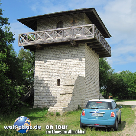 world-atlas.de on tour at the Limes in the Altmühl Valley Nature Park near Erkertshofen - reconstruction of a Roman Limes tower - the Roman Limes is a UNESCO World Heritage Site