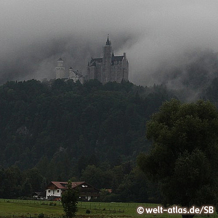 Neuschwanstein Castle, Schloss Neuschwanstein near Füssen is also in bad weather an imposing and mysterious sight