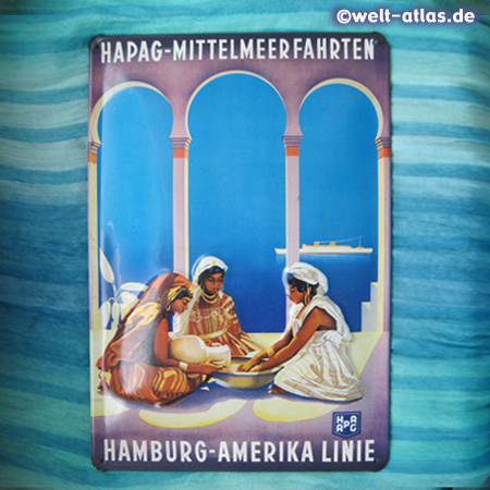 Replik eines alten Blechschildes "Mittelmeerfahrten der Hamburg-Amerika-Linie" - Motiv mit nordafrikanischer Landschaft