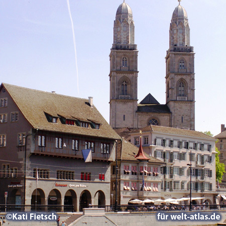 The twin towers of the Grossmünster in Zurich's Old Town , the city's landmark