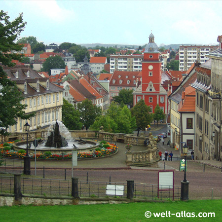 Gotha, Rathaus auf dem Hauptmarkt,Blick vom Schloßberg