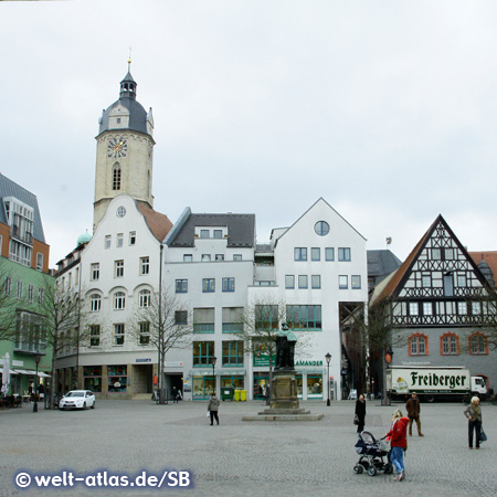 Market Square with the statue of the Elector John Frederick I of Saxony and the steeple of St. Michael in the background