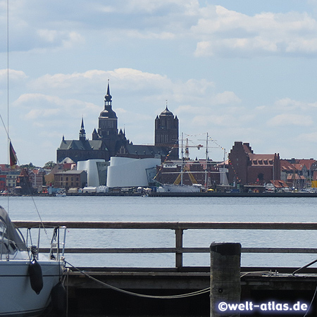 View from the marina in Altefaehr/Rügen to Stralsund Harbour, St. Mary's Church, Ozeaneum and St. Jakobi Church (UNESCO World Heritage Site)