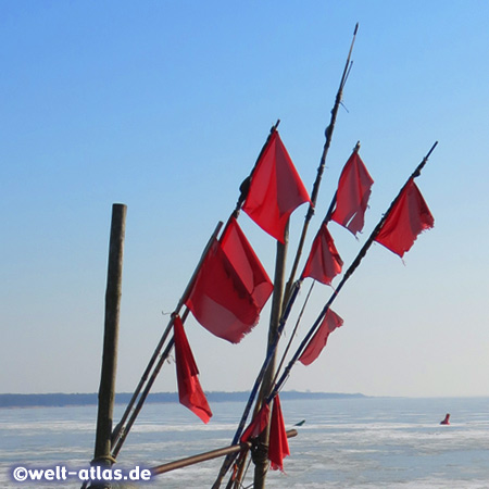 Flaggen der Fischerboote auf Usedom in Kamminke