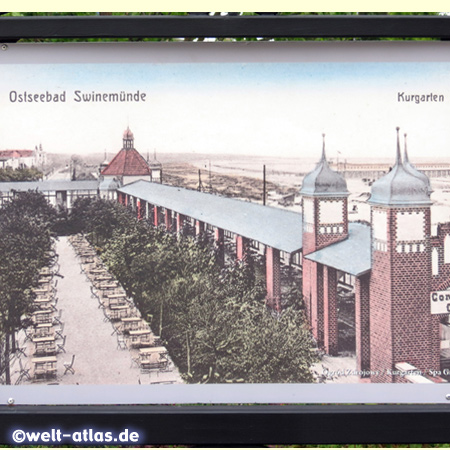Abbildung des historischen Kurgartens nach einer alten Postkarte an der Promenade im Seebad Swinemünde (Swinoujscie)