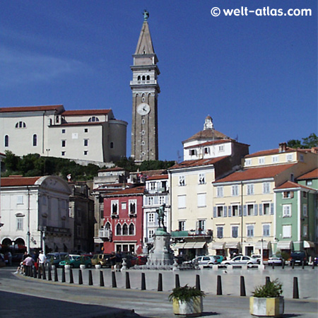 Tartini Square with City Hall and Tartini statue, Cathedral of St. George, Venetian architecture, Slovenia