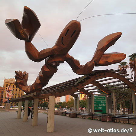 Giant lobster sculpture on Passeig de Colom near the harbor in the Barcelona 
