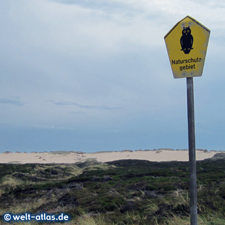 Sign "Naturschutzgebiet" nature reserve, dunes of Sylt Island