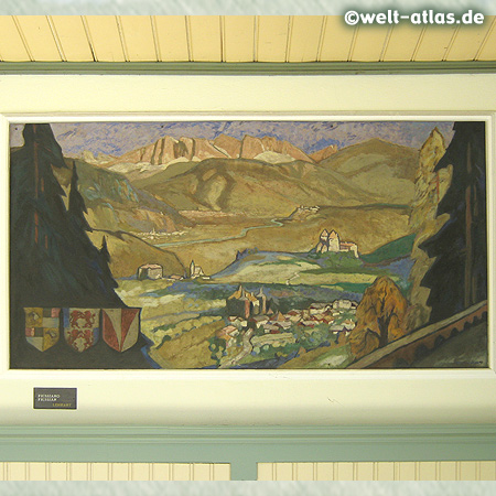Meran, Jugendstil-Wandelhalle an der Winterpromenade mit Südtiroler Motiven (Prissiano) des Malers Franz Lenhart