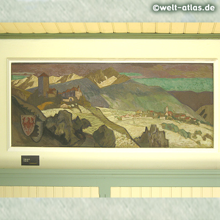 Meran, Jugendstil-Wandelhalle an der Winterpromenade mit Südtiroler Motiven (Tirolo) des Malers Franz Lenhart