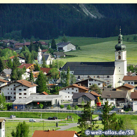 View of the village Tannheim with the parish church of St. Nicholas, Tannheim Valley, Tyrol