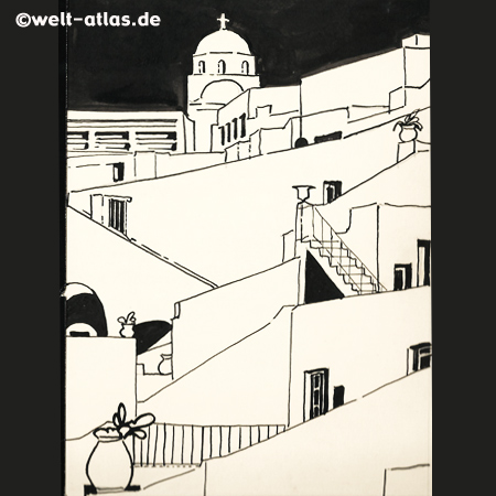 Schwarz-Weiß-Zeichnung von Kirche, Mauern und Treppen auf Santorin