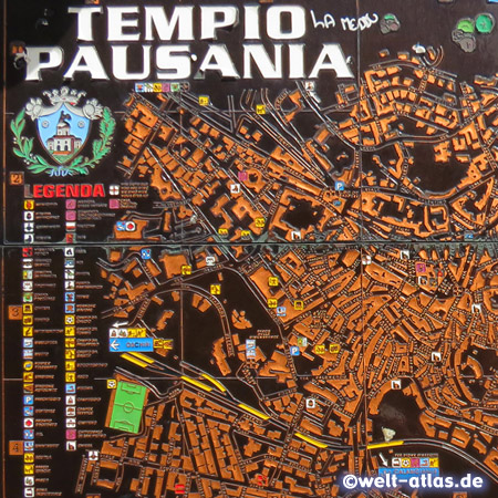 Beautiful city map as copper relief in Tempio Pausania, northern Sardinia