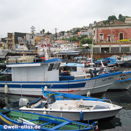 Boats in the harbour of Acitrezza, a charming fishing village on the Cyclops Coast, north of Catania 