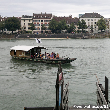 Basel, ferry crossing the Rhine without an engine only powered with the current, cable ferry