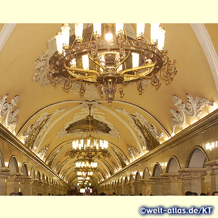 The stations of the Moscow Metro are designed splendidly like underground palaces, here the station Komsomolskaya