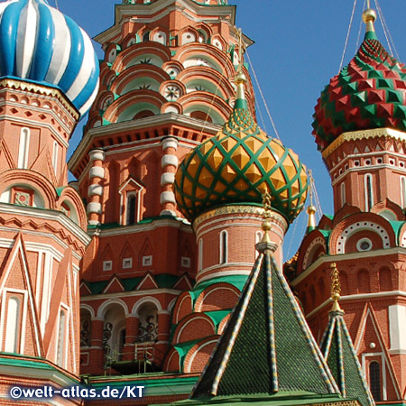 Landmark of Moscow are the colorful domes and towers of St Basil's Cathedral on Red Square, each of the nine main cupolas stands for one of the individual churches of the Cathedral, UNESCO World Heritage Site 