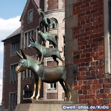 The well-known Bremen Town Musicians - Donkey, Dog, Cat and Cock is a bronze sculpture of fairy tale animals next to Bremen City Hall, Germany