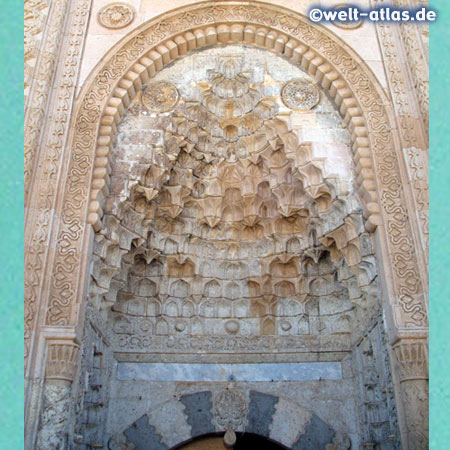 Detail of the stone carved grand portal, Esrefoglu Mosque, Beysehir