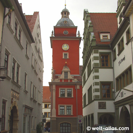 Gotha, Rathaus auf dem Hauptmarkt, Renaissancebau, herrlicher Blick vom Turm auf die Gothaer Altstadt