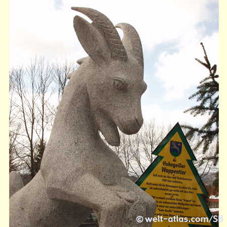 Sculpture of the goat of Hohegeiß, symbol of the town, Harz 