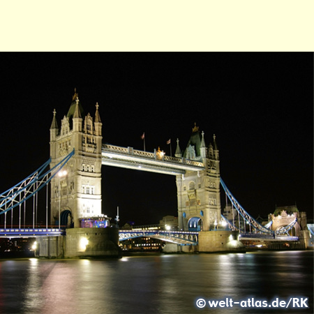 The Tower Bridge across the River Thames in the historic center of London, one of the tourist attractions