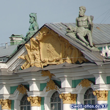 Statues of the sea god Neptune and Mars on the roof of the Winter Palace in St. Petersburg