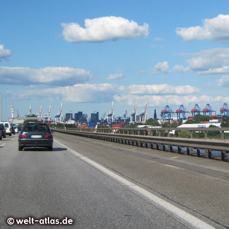Hamburg, just before entering the Elbe Tunnel – containers and cranes in between the Television Tower and Michel