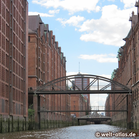 View from the Brooksfleet in Hamburg's Speicherstadt to Kehrwiederspitze and Hanseatic Trade Center