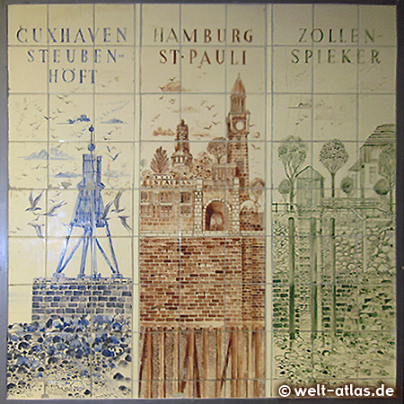 Schönes altes Kachelbild mit dem Cuxhavener Wahrzeichen, der Kugelbake, in der Mitte die St. Pauli Landungsbrücken und rechts Zollenspieker mit dem kleinen Pegelhaus