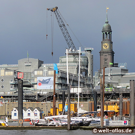 View over the City Marina on Baumwall, publishing house Gruner + Jahr, cranes and Michel, Elbe, Harbour, Hamburg