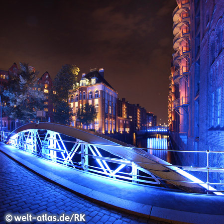 Bridge in the warehouse district  with blue light installation