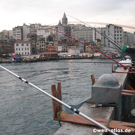 Fishing rods at Galata Bridge, view over the Golden Horn to Galata Tower