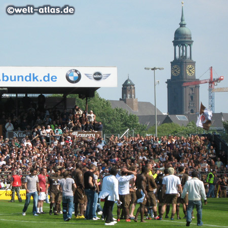 FC St. Pauli, Millerntor stadium, after the final game of season 08/09. St. Michaelis Church in the back