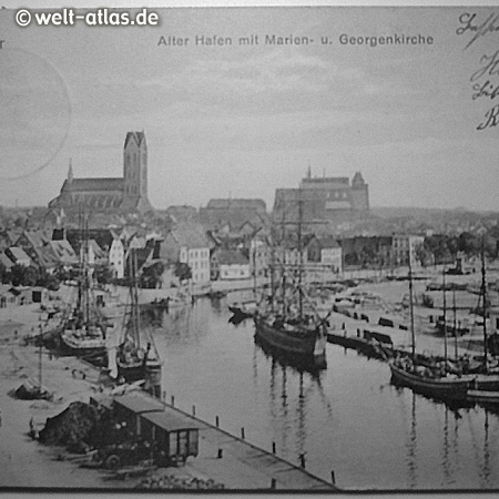 Wismar, historische Postkarte von 1912,Alter Hafen mit Marien- und Georgenkirche, Mecklenburg-Vorpommern
