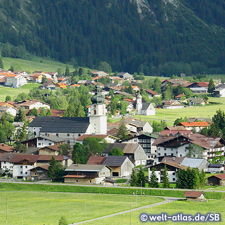 View of the village Tannheim with the parish church of St. Nicholas, Tannheim Valley, Tyrol