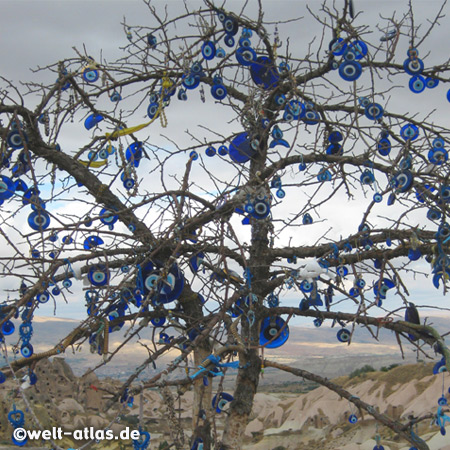 Blaue Augen als Glasanhänger, ein Baum ist geschmückt mit den Nazar-Amuletten gegen den "Bösen Blick" 