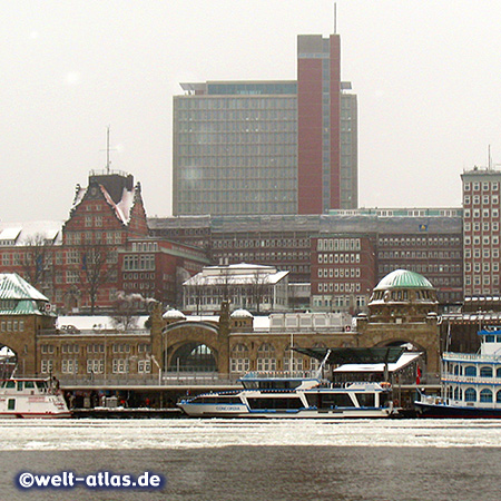 St. Pauli-Landungsbrücken with the BSH Bundesamt für Seeschifffahrt und Hydrographie (Federal Maritime and Hydrographic Agency of Germany), Hamburg