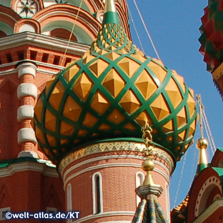 Landmark of Moscow are the colorful domes and towers of St Basil's Cathedral on Red Square, each of the nine main cupolas stands for one of the individual churches of the Cathedral, UNESCO World Heritage Site 