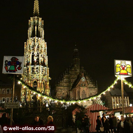 Christkindlesmarkt of Nuremberg with Schöner Brunnen and Church of Our Lady